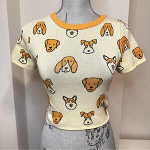 Dreamers by Debut Preppy Dog Pattern Cropped Knit Short Sleeve Shirt S/M